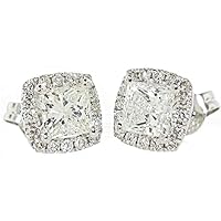 1.38 CT. Natural Square Princess Cut Diamond 14K White Gold Halo Stud Earrings for Girls & Women