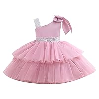 Pageant Party Dress Long Princess Wedding Sloping Collar Sleeveless Double Mesh Skirt with Bow Toddler Baptism