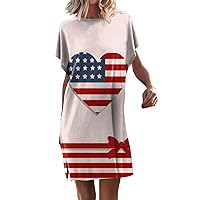 4th of July Women Tie Dye American Flag Casual T-Shirt Dress Summer Batwing Short Sleeve Split Side Swing Dresses
