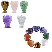 mookaitedecor Bundle - 2 Items: Set of 5 Guardian Angel Figurines & 8 PCS Puff Heart Shaped Worry Stones Crystal Set Healing Balancing Decoration