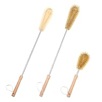 3 pcs Extra Long Bristle Brushes with Beech Wood Handle(24''/24''/12''), Nylon Kitchen Brush with Stainless Steel Pole, for Tall Bottle, Gallon Water Jug, Big Vessels, Floor Vase