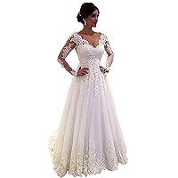 Long Sleeves Lace V Neck Wedding Dresses for Bride Backless with Train