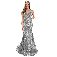Women's Spaghetti Strap Sequin Mermaid Prom Dresses Long V Neck Evening Party Formal Ball Gown