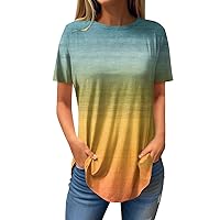 Short Sleeve Shirts for Women Trendy Crew Neck Gradient Plus Size Tunics Casual Workout Loose Teen Girl Clothes