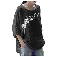 Summer Women Cotton Linen Tshirt Tops Casual 3/4 Sleeve Crewneck Flowy Tunic Tees Fashion Floral Print Solid Blouses