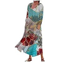 HTHLVMD 2024 Women 's 3/4 Sleeve Dress Spring Casual Plus Size Crewneck Dresses Floral Print Elegant Dress with Pockets