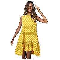 Womens Causal Summer Polka Dot Sundress Trendy Asymmetrical Ruffle Hem Sundresses Sleeveless Loose Flowy Vacation Dress