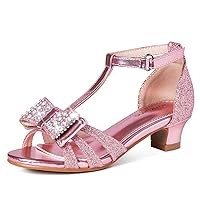 Verdkuma Girls Sandals Low Heels Glittler Bow Dress Shoes Princess T Strap Sparkle Open Toe Wedding Party Rhinestone Crystal Buckle Strap Shoes for Girls Gold/Pink/Silver