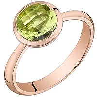 PEORA Peridot Solitaire Dome Ring for Women 14K Rose Gold, Genuine Gemstone Birthstone, 2 Carats Round Shape 7mm, AAA Grade, Sizes 5 to 9