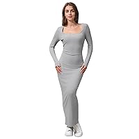 Women's Square Neck Long Sleeve Maxi Dress Ribbed Bodycon Dresses for Women Soft Casual Long Dress