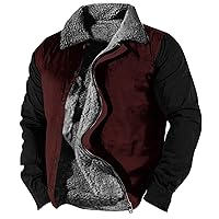 Fleece Jacket Men Color Block Zip Up Winter Sherpa Lined Sweatshirt Warm Jacket Long Sleeve Outdoor Cargo Jacket
