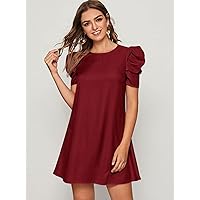 Summer Dresses for Women 2022 Puff Sleeve Keyhole Back Tunic Dress Dresses for Women (Color : Maroon, Size : X-Small)