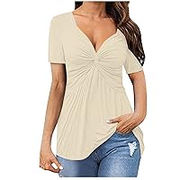 Sexy V Neck Short Sleeve T Shirts for Women Dressy Casual Summer Tops Loose Pleated Hide Belly Tunics Blouses for Leggings
