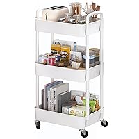3-Tier Plastic Rolling Utility Cart with Handle, Multi-Functional Storage Trolley for Office, Living Room, Kitchen, Movable Storage Organizer with Wheels, White