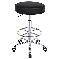 VECELO Round Rolling Stool with Footrest and Wheels, Easy Assembly PU Leather Height Adjustable Drafting Swivel Chair for Spa Salon, Office, Medical, Beauty, Bar, Lab