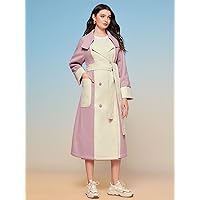 Coat For Women - Two Tone Raglan Sleeve Double Breasted Belted Overcoat
