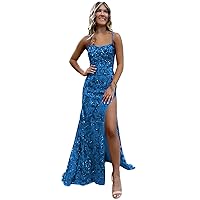 Spaghetti Straps Blue Prom Dresses 2024 Sparkly Mermaid Sequin Evening Gowns for Women with Slit Size 0