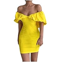 Women's Summer Off Shoulder Bodycon Dresses Ruffle Short Sleeve Mini Party Club Dress Sexy Night Out Clubwear