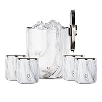 SNOWFOX Premium Vacuum Insulated Stainless Steel 3L Ice Bucket With Lid/Tongs and 4 Rocks Glasses Set -Home Bar Accessories -Elegant Bartending -Beautiful Outdoor Entertaining Supplies -Marble