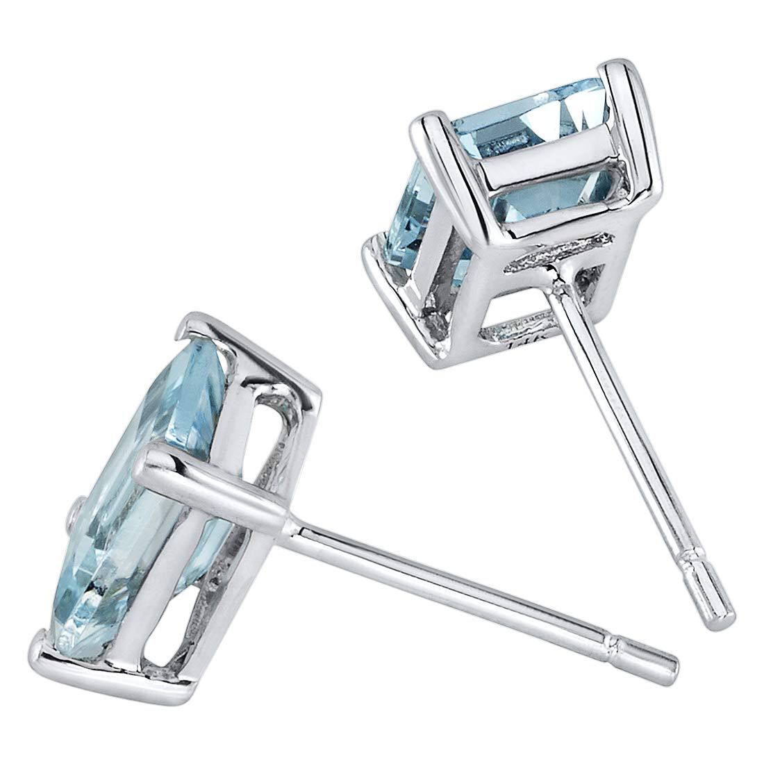 Peora Aquamarine Earrings for Women in 14 Karat White Gold, Classic Solitaire Studs, 7x5mm Radiant Cut, 1.75 Carats total, Friction Back