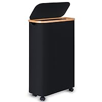 60L Slim Laundry Basket with Wheels,Narrow Hampers for Laundry,Freestanding Laundry Hamper with Lid&Bamboo Handles,Collapsible & Waterproof Tall Cloth Hamper for Dorm Family(Black)