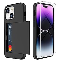 ZUSLAB Card Holder Slot Case Compatible with Apple iPhone 15 6.1 Inches 2023, Phone Wallet Case with 1 Tempered Glass Screen Protector, Rubber & PC Bumper Cover for Women Men, Black
