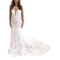 Melisa Illusion Lace Beach Mermaid Wedding Dresses for Bride 2022 with Train Backless Bridal Ball Gown