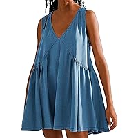 Womens Summer Sleeveless Mini Dress Casual Loose V Neck Sundress Boho Beach Vacation Short Sundresses with Pockets 2024