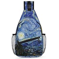 Sling Bag for Women Men Starry Night Art Mini Crossbody Backpack Watercolor Painting Shoulder Bag Chest Sling Backpack Anti Thief Chest Bag for Travel,Hiking,Cycling,Camping