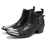 Mens Western Chelsea Boots Genuine Leather Casual Square Toe Metal Tip Zipper Dress Ankle Boot