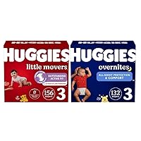 Huggies Little Movers + Overnites Bundle: Huggies Little Movers Baby Diapers, Size 3 (16-27 lbs), 156ct (6 packs of 26) & Huggies Overnites Overnight Diapers, Size 3 (16-27 lbs), 132ct (2 packs of 66)