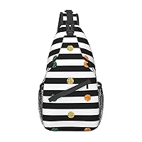 Glitter Rainbow Polka Dot Stripe Black And White Sling Backpack, Multipurpose Travel Hiking Daypack Rope Crossbody Shoulder Bag