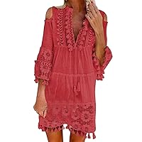 Lace Dress,Ladies Lace Tassel Hollow Stitching Sunscreen Blouse Casual Dress Beaded Lace Dress