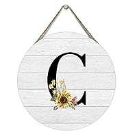 Black Monogram Initial Letter C with Sunflower Wooden Plaque Floral Initial Hanging Sign Sign Rustic Wooden Wall Art Signs Wood Door Sign Rustic Decor 12x12in Round