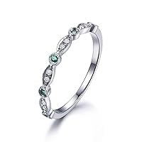 14k White Gold Natural Round Diamond Green Emerald Marquise Milgrain Wedding Band Vintage Antique Ring