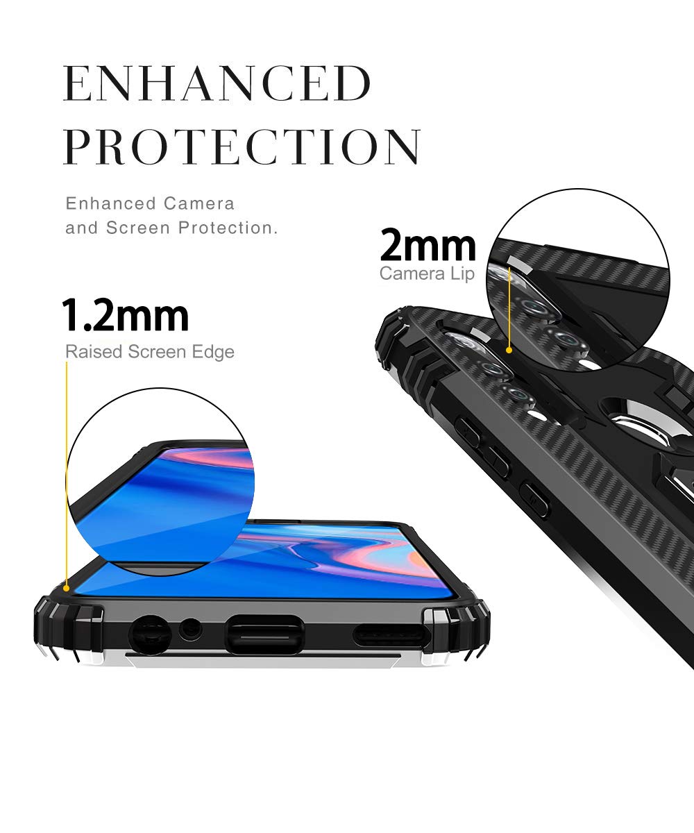 Strug for Huawei Honor 9X / Y9 Prim 2019 /P Smart Z Case，Soft TPU Armor Heavy Duty Shockproof Protection Built-in 360 Rotatable Ring Magnetic Car Mount Case with Tempered Glass Screen Protector(Black)