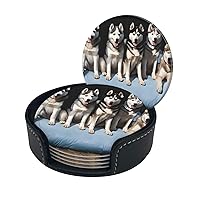 Lovely Husky Print Coaster,Round Leather Coasters with Storage Box for Wine Mugs,Cold Drinks and Cups Tabletop Protection (6 Piece)