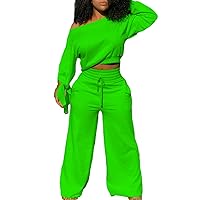 Women's Two Piece Outfits Off Shoulder Long Sleeve Asymmetrical Crop Sweatsuit and Straight Jogger Pants Tracksuits