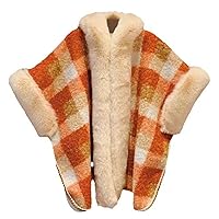 Wool Faux Fur Cape Coat Contrast Color Plaid Overcoat Hooded Winter Women Thicken Cloak Outerwear Long