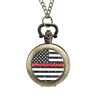 Paisley Firefighter Red Line US Flag Custom Pocket Watch Vintage Quartz Watches with Chain Birthday Gift for Women Men