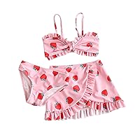 Girl's Swimwear Strawberry Printed Bathing Suits Asymmetrical Hem Skirts Ruffle Beachwear Cute Bathing Suits