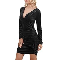 Aphratti Womens Sexy Deep V Neck Long Sleeve Bodycon Dress Velvet Ruched Mini Party Cocktail Dress