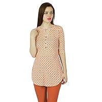 Bimba Women Short Cotton Tunic Orange Kurta kurti short Sleeve Summer Indian Clothing