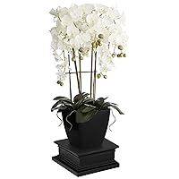 Potted Silk Faux Artificial Flowers Realistic White Orchid in Matte Black Pot with Riser for Home Decoration Living Room Office Bedroom Bathroom Kitchen Dining Room 25 1/2