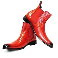 Modello Chilli - Handmade Italian Mens Color Red Ankle Chelsea Boots - Cowhide Hand Painted Leather - Slip-On