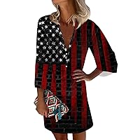 Patriotic Apparel Patriotic Dress for Women Sexy Casual Vintage Print with 3/4 Length Sleeve Deep V Neck Independence Day Dresses Black 3X-Large