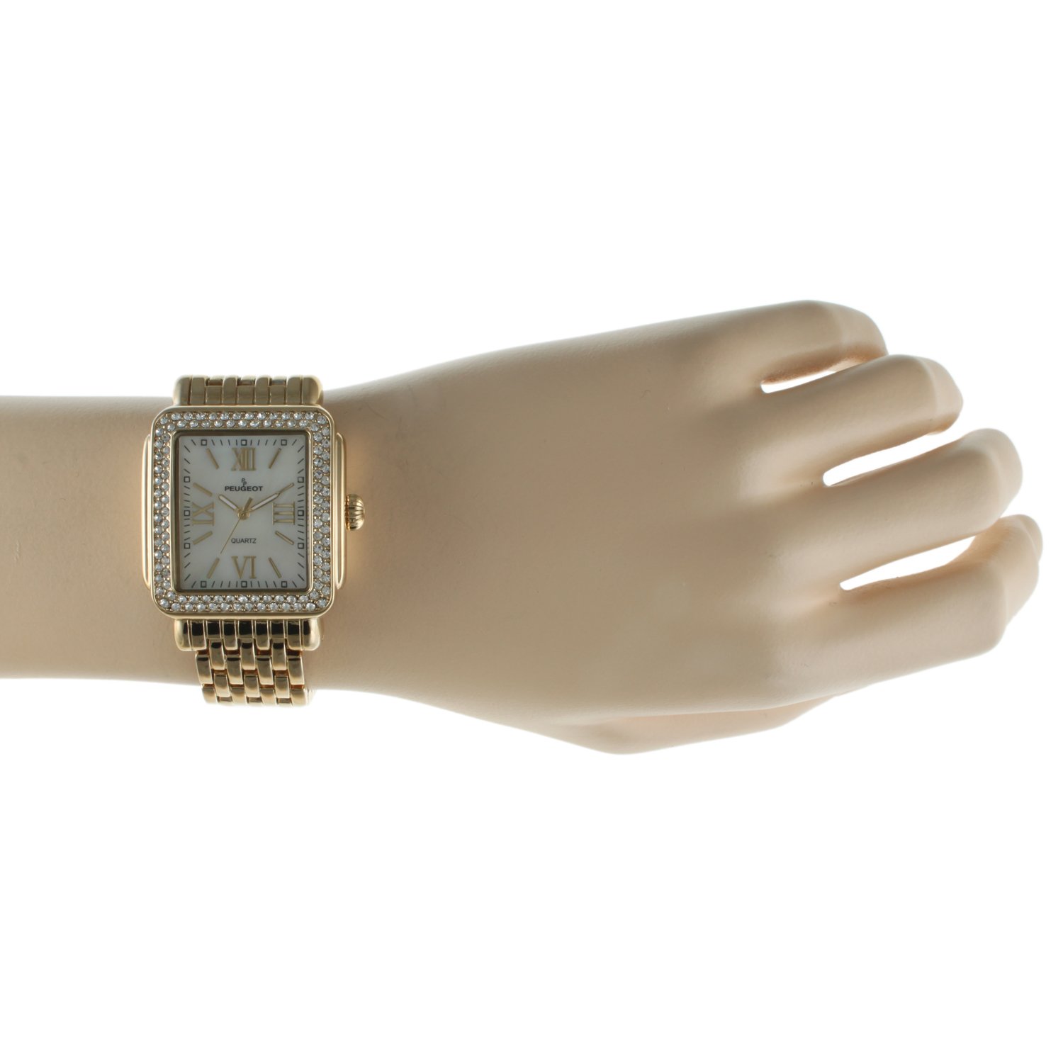 Peugeot Women Rectangle Dress Watch with Crystal Decorated Bezel, Roman Numerals and Bracelet