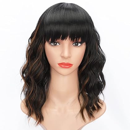 AISI HAIR Wavy Bob Wigs with Bangs for Women Black Mixed Brown Color Short Wavy Bob Curly Wig Synthetic Natural Looking Heat Resistant Fiber Hair for Women