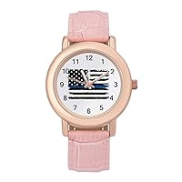 Distressed Blue USA Flag Womens Watch Round Printed Dial Pink Leather Band Fashion Wrist Watches