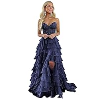 Lace Strapless Corset Prom Dresses with Slit 2024 Long Tiered Ruffle Chiffon Formal Evening Dress for Women Navy Blue